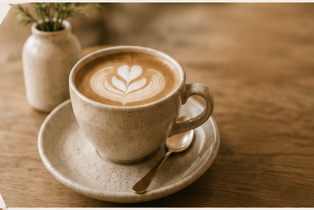 Heart-shaped latte art in a ceramic cup on a wooden café table, with a small vase of foliage beside it